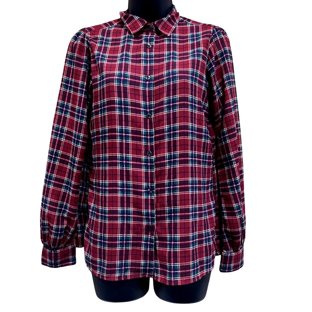 UNIQLO Button Up Blouse Womens M Red Green Tartan Plaid Flannel Long Puff Sleeve